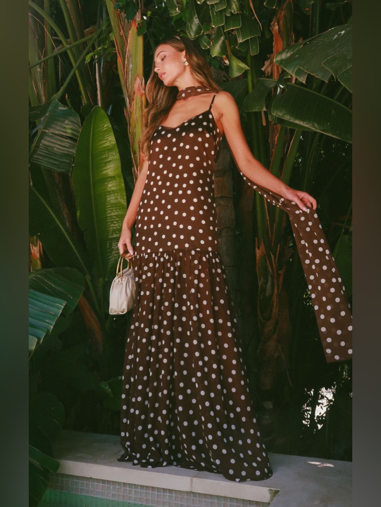 Show Me Your Mumu Dalia Maxi Dress Size Xl Brown Polka Dot With Neck Scarf Nwot